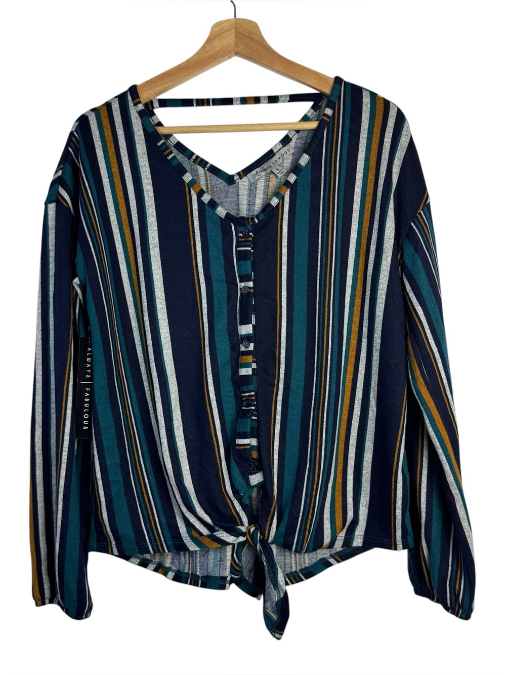 Absolutely Famous Blue Stripe Button Down Tie‎ Front Long Sleeve Blouse S